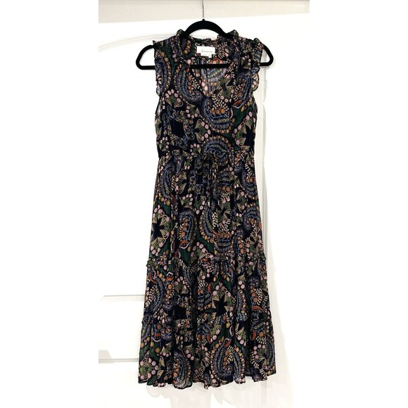 Anthropologie Paisley Floral Metallic Ruffle Midi Dress Size 2 - Picture 1 of 12